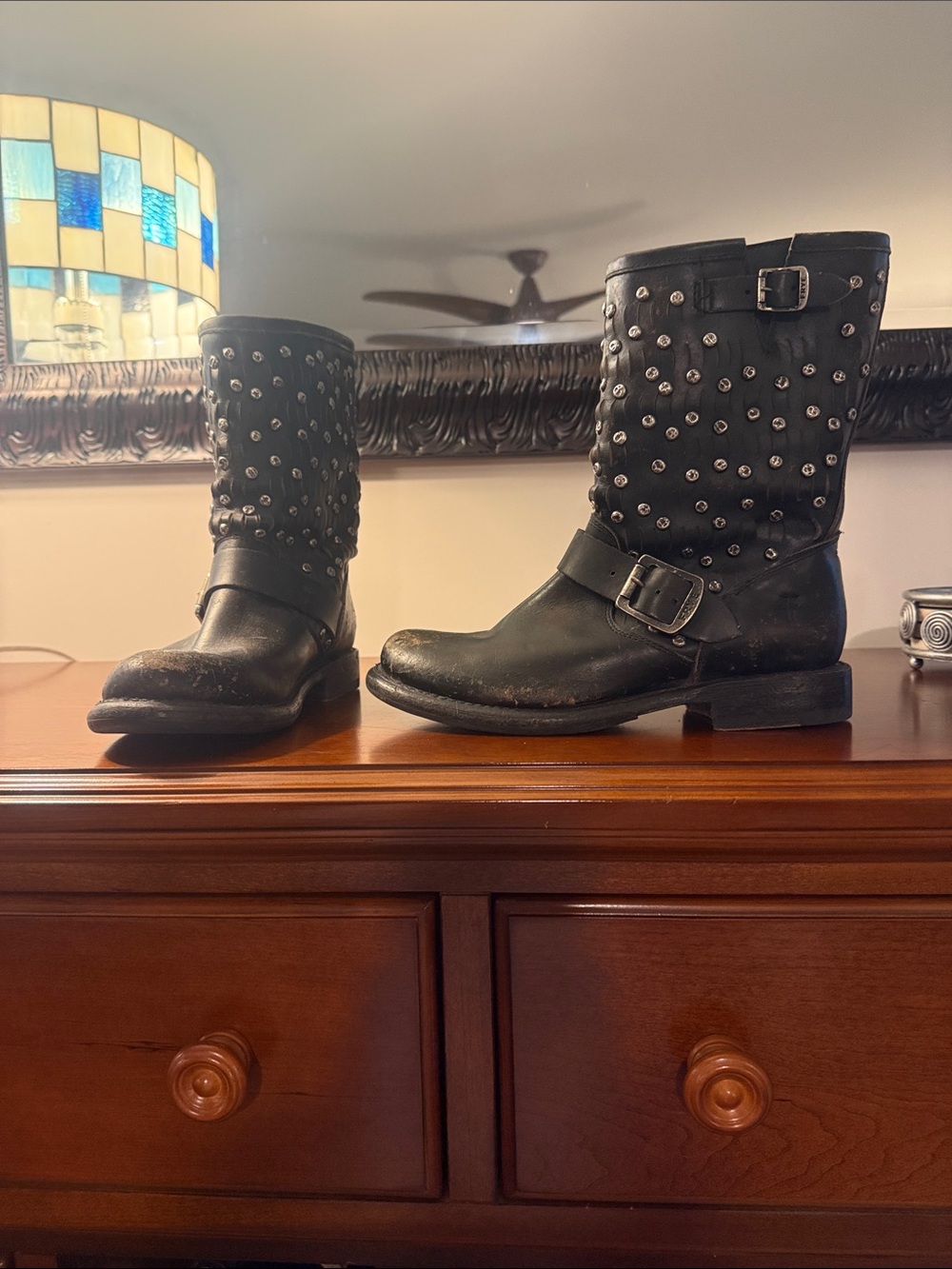 FRYE Black Studded Leather Mid-Calf Buckle Boots